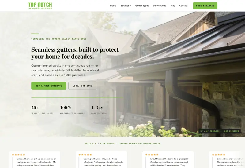 Homepage of Top Notch Seamless Gutters